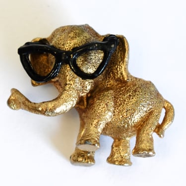 1964 elephant in horn rims political pin, antiqued gold tone black enamel metal glasses Barry Goldwater pachyderm brooch 