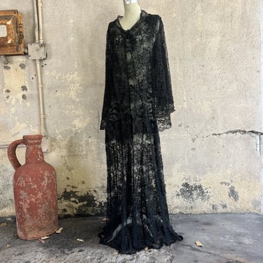 Vintage 1930s Silk Floral Lace Dress & Cape Set Bias Cut Floor Length Sheer