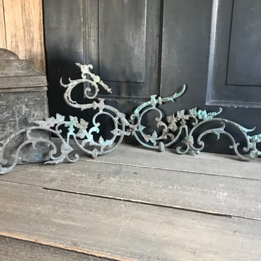 French Iron Work Mounts, Garden Gate, Architectural Floral Scroll Motif, Grapevine, Rustic Salvage Garden Sculpture Art, Pair, Chateau Decor 