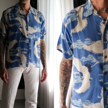 Vintage 50s Style Avanti Hawaiian Sky Blue Silk Asian Crane Print Shirt | 100% Silk | Size Large | Y2K Designer Retro Loop Collar Silk Shirt 