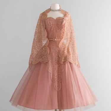 Exquisite 1950's Autumn Rose Party Dress With Mantilla Style Shawl / Waist 26
