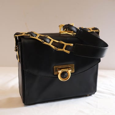 1990s Gianni Versace Black Shiny Leather Shoulder bag with Medusa Medallion Closure + Woven Greek Key Chain Strap 90s Y2K 