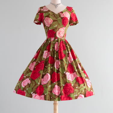 Iconic 1950's Red &amp; Pink Rose Print Cotton Day Dress / SM