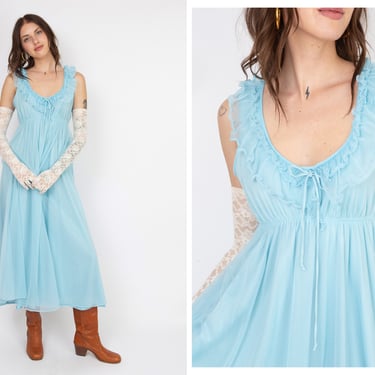 Vintage 1970s 70s Baby Blue Full Length Chiffon Gown Dress w/ Ruffled Neckline 