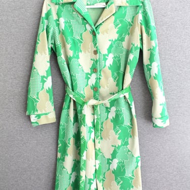 1970s - Shirt Dress - Green -Mid Century Mod Op Art - Day Dress - Estimated size 18 