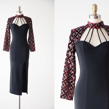 tight black dress | 80s 90s vintage burgundy velvet sheer sleeve gothic glamorous sexy bodycon dress 