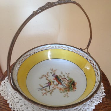VIntage Porcelain Candy Dish in Gold Metal Stand Yellow Border Birds Center 