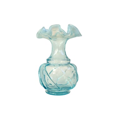 Vintage Fenton Blue Glass Vase, Small 1940s Opalescent Ruffled Rim Flower Vase 