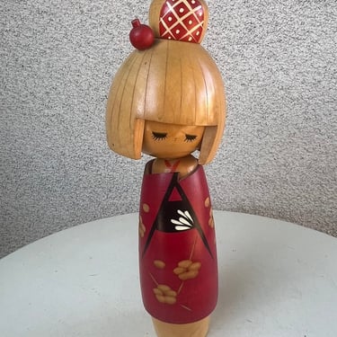 Vintage Japanese Kokeshi wood doll girl red floral 10” x 3.5” 