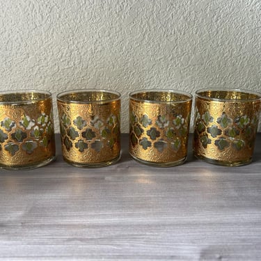 Vintage Culver Valencia Old Fashion Glasses 22 carat Gold w/Green Set of 4 