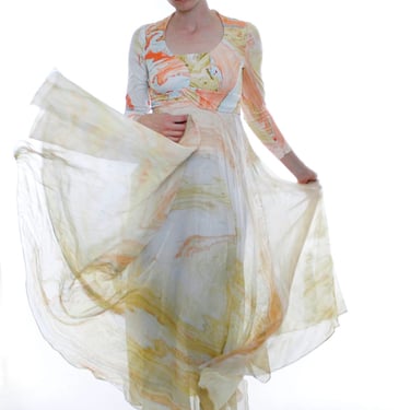Vintage 60's evening gown, pastel paint swirl / Jupiter gas clouds, maxi dress, sheer skirt, made in Spain, mod, psychedelic - Small 