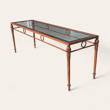 Vintage Mid Century Modern Console Table with Glass Top and Metal Frame, Perfect for Entryway or Living Room 