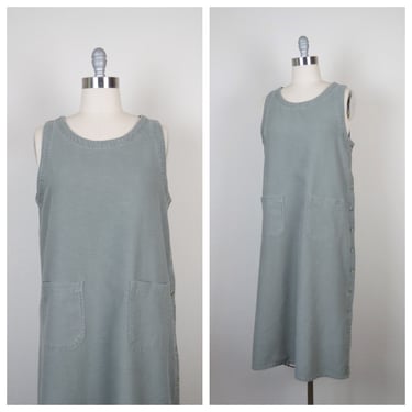Vintage 1990s, Y2k linen tank dress, loden, lagenlook clothing, cottagecore style 