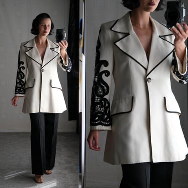 Vintage 90s JACQUES FATH PARIS White Longline Blazer w/ Black Trim & Paisley Applique Bell Sleeves | Made in France | 1990s Designer Jacket 