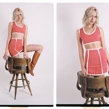 Vintage 1990s 90s Coral Pink White Trim Contrast Cropped Top & Mini Skirt Two Piece Set 