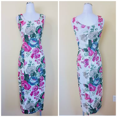 1990s Vintage Rampage Floral Linen Dress / 90s Pink and Beige Bouquet Print Pencil / Wiggle Tank Dress/ Size Medium 
