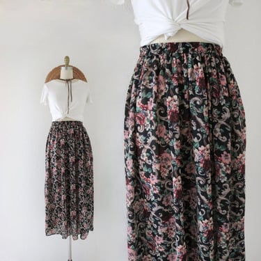 chiffon blossom maxi skirt 24-32 - vintage 90s y2k womens floral long sheer elastic waist cute cottage cottagecore skirt 