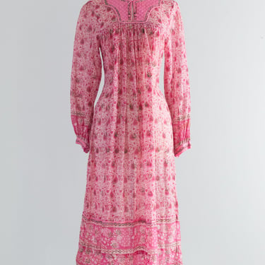Rare 1970s Indian Cotton Gauze Block Print Dress in Pink / Medium