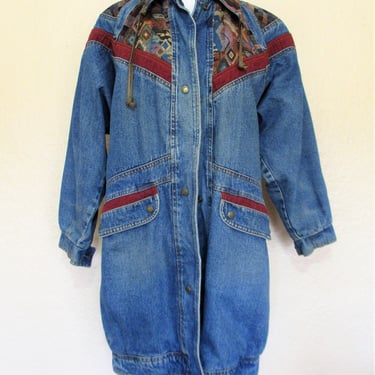 Vintage Denim Jacket, 1980s Current Seen Denim Coat, Small Women, tapestry trim, Jeans Coat 