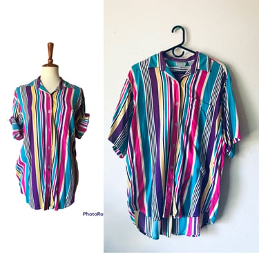 Unisex rainbow stripe short sleeve button up t shirt blouse size xs to xl 