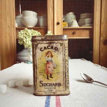 Beautiful rustic old French metal cacao tin 