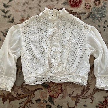 Antique Victorian ivory cotton eyelet cropped blouse | crop top boho witchy XXS/XS 