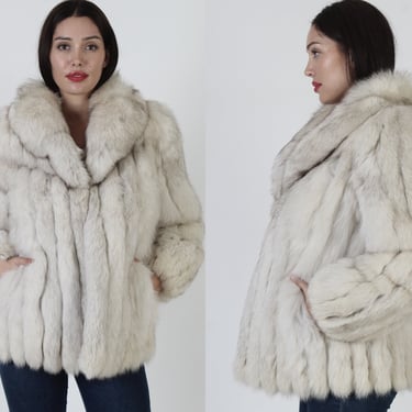 Plush 80s Saga Arctic Fox Fur Jacket, Two Tone Ivory Shawl Collar, Off White Suede Corded Coat 