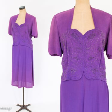 1940s Purple Beaded Evening Suit | 40s Purple Crepe Blouse & Skirt Evening Set | Medium 