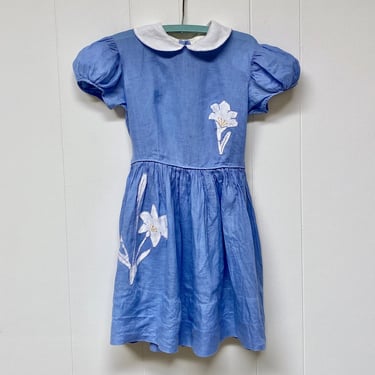 Vintage 1950s Girl's Floral Embroidered Blue Cotton Puff Sleeve Dress with Peter Pan Collar, 28