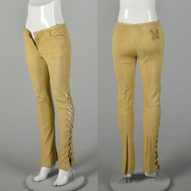 XS 2000s Pants Roberto Cavalli Tan Stretch Suede Leather Lace Up 