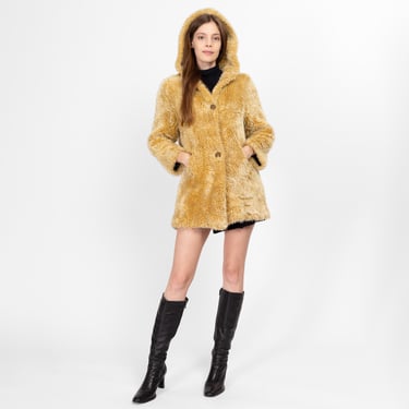 XS-Sm 60s Mod Honey Blonde Faux Fur Teddy Coat | Vintage Hooded Winter Jacket 