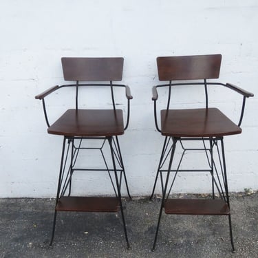 Crate and Barrel Modern Swivel Metal and Wood Bar Stool Chairs a Pair 3539