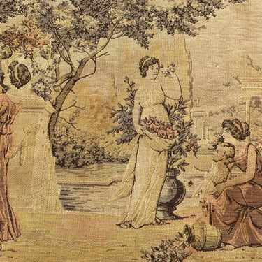 Vintage French Tapestry, Women In Garden Playing Instruments, With Flowing Grecian Gowns, Made In France 