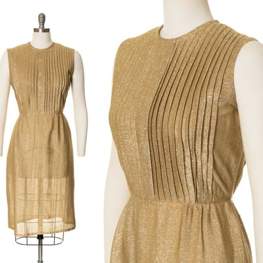 Vintage 1960s Cocktail Dress | 60s Metallic Gold Lurex Pleated Wiggle Sheath Party Evening Formal Dress (medium) 