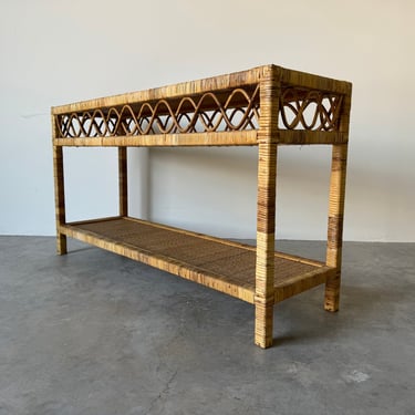 Vintage Boho Chic Coastal  Woven Rattan Two - Tier Console Table 