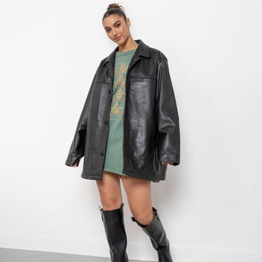 BLACK LEATHER BLAZER Vintage Heavy Jacket Coat Trench Men Unisex Woman 90's Oversize / Large 