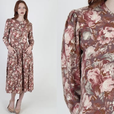 Vintage 80s Laura Ashley Floral Dress, 1980s Sheer Autumn Flower Button Dress, Womens Designer Maxi Pockets Dress Size UK 10 US 8 