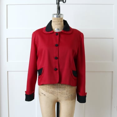 vintage 1950s red wool gabardine jacket • boxy fit stylized double collar blazer in bold red & black 