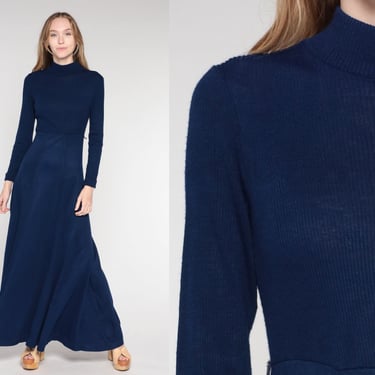 Navy Blue Dress 70s Maxi Dress Ribbed Knit Long Sleeve Mock Neck High Waist Chic Modest Plain Simple Formal Vintage 1970s Extra Small XS S 
