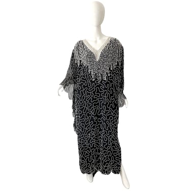 80s Judith Ann Creations Sequin Kimono Caftan / Vintage 1980s Beaded Silk Disco Evening Dress OS 