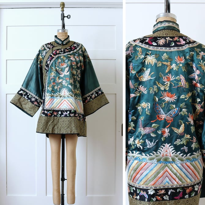 extravagant Chinese embroidery silk robe • green tunic with colorful hand embroidered butterflies & moths 