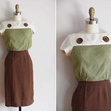 50s Downtown Brown dress / vintage 1950s linen daydress/ Carol & Mary color block daydress 