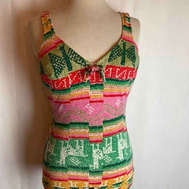 60’s 70’s boho hippie swimsuit one piece Sexy jersey knit pink & green print bathing suit groovy retro pattern deer/ size 6ish Medium 