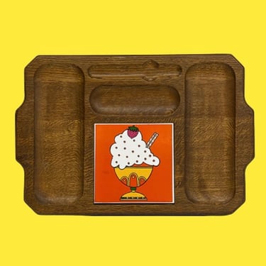 Vintage Serving Tray Retro 1970s Mid Century Modern + Brown Wood + Ice Cream Sundae Tile + Sectioned Areas + Kitchen Decor + MCM Platter 