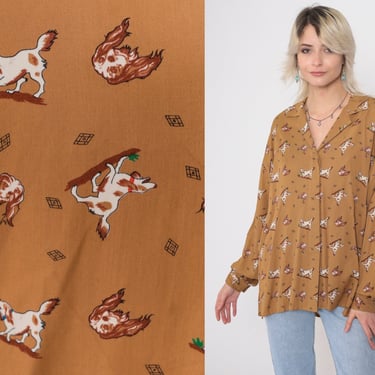 90s Dog Shirt Spaniel Button Up Shirt Long Sleeve Brown Rayon Animal Print Collared Blouse Novelty Print Vintage 1990s Oversized Medium 