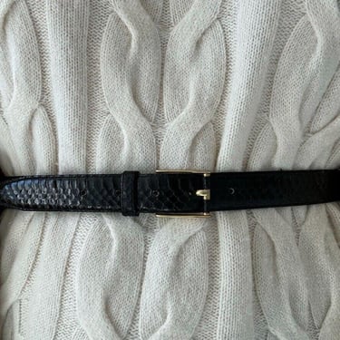 Vintage 1980s Womens Black Snakeskin Leather Brass Buckle Skinny Belt Sz 34 