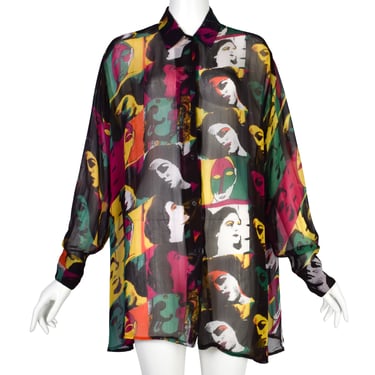 Tramp Vintage 1990s Multicolor Graphic Face Print Semi-Sheer Rayon Oversized Button Up Shirt