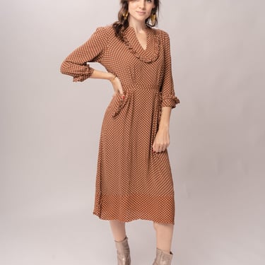 1940’s Margie Joy Brown Polka Dot Ruffle Midi Dress