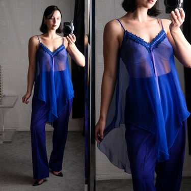 Vintage 80s Blue Lace Sheer V-Neck Slip Spaghetti Strap Babydoll Dress | Designer Sleep Wear Dress | 1980s Designer Silk Intimates Pajamas 