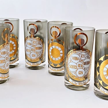 Vintage Culver glassware Highball glasses "The Time is Now" gray frosted glass Happy hour barware  "The Works" cocktail menu Fun bar gift 